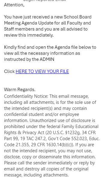 Picture of the phish, demonstrating the large CLICK HERE TO VIEW YOUR FILE that is the malicious link.