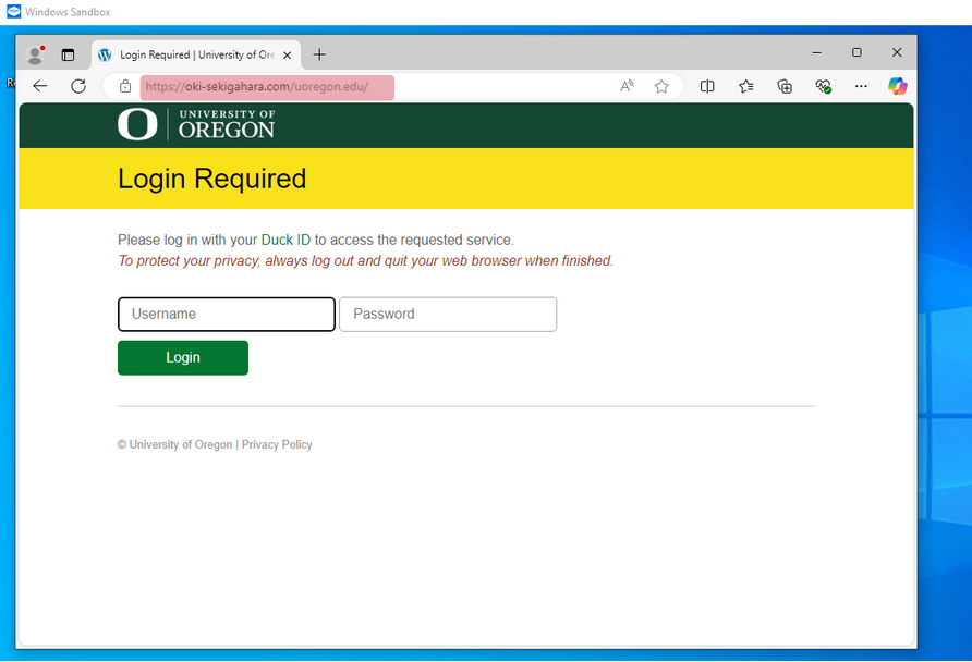 website led to by phishing link, highlighting url which is the only clear giveaway that the site is not shibboleth uoregon login. 