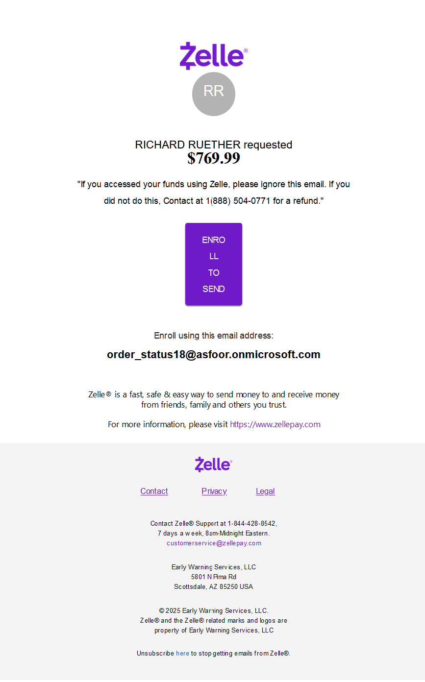 Zelle Phishing Email