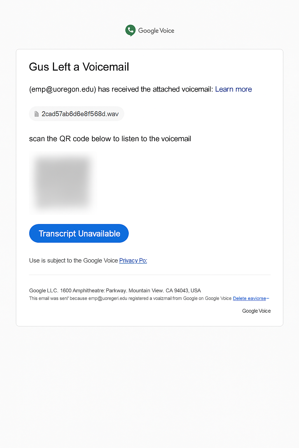 Email notification from Google Voice showing a received voicemail message with a download link, QR code (blurred), and a message indicating the transcript is unavailable.
