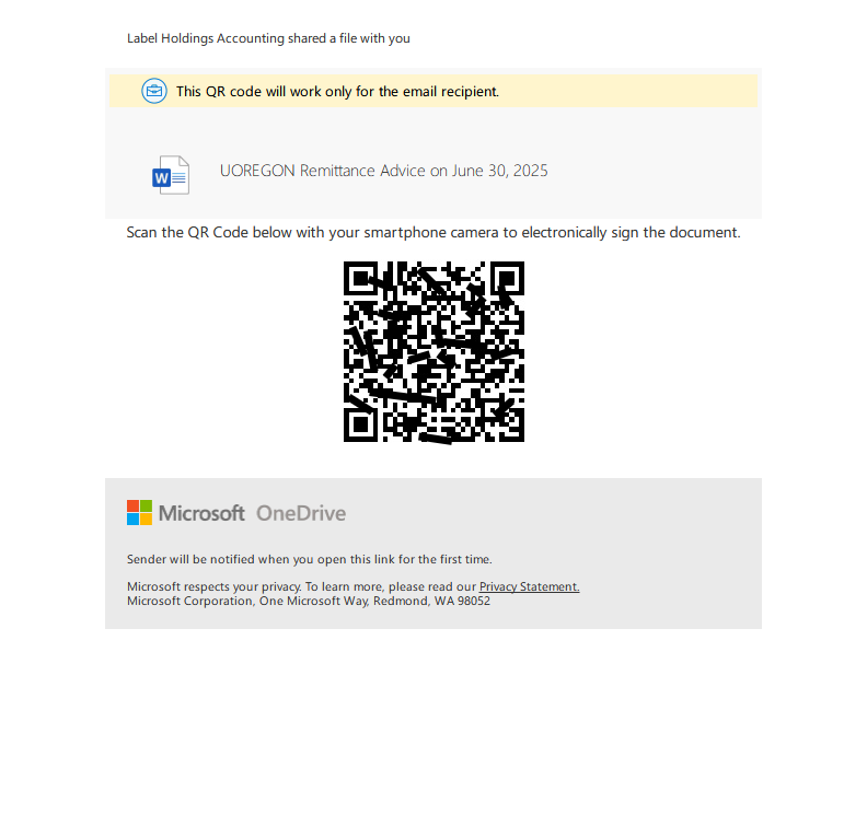 Message content, contains QR code and text within message body. 