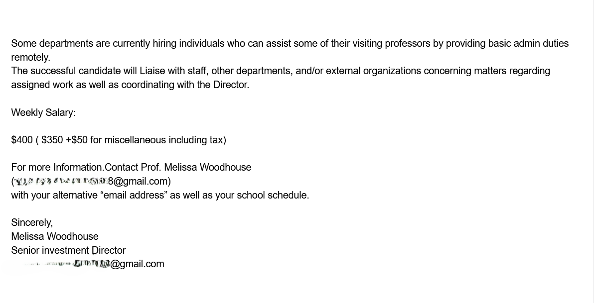 Screenshot of false employment phishing email