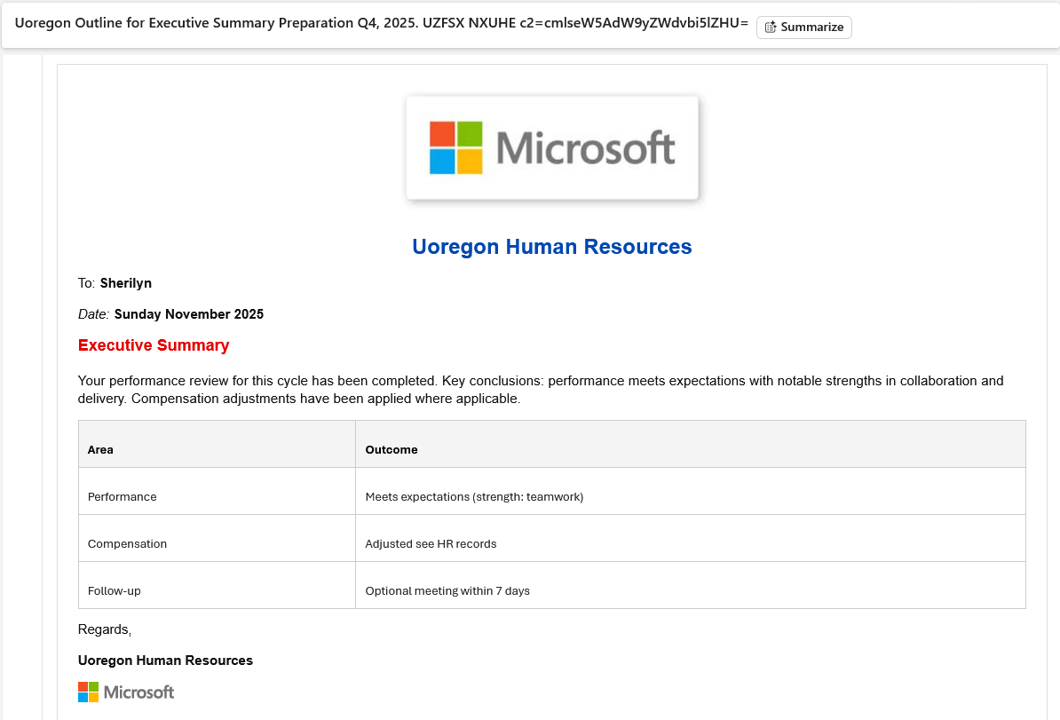screen shot of the email