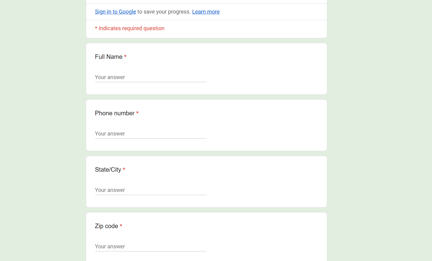 Additional personal information requested