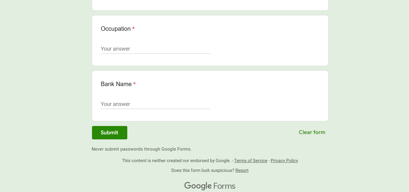 End of fake google form