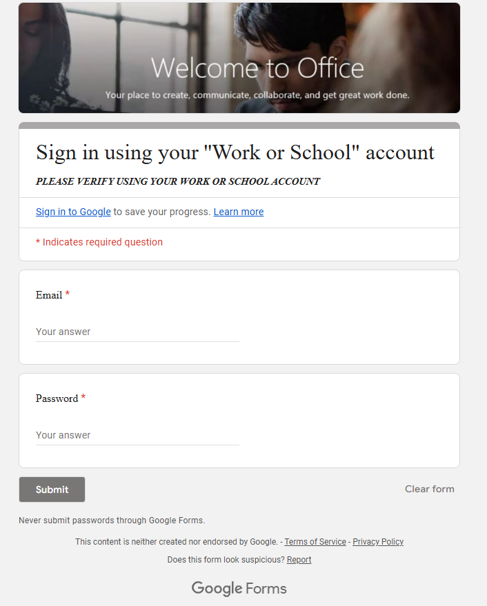 After clicking the uoregon link, we find a fake google forms page, asking for the user to input their uoregon credentials. 