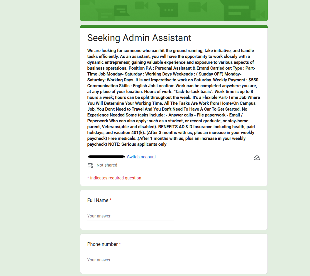 Top of google form page, that explains fake job description